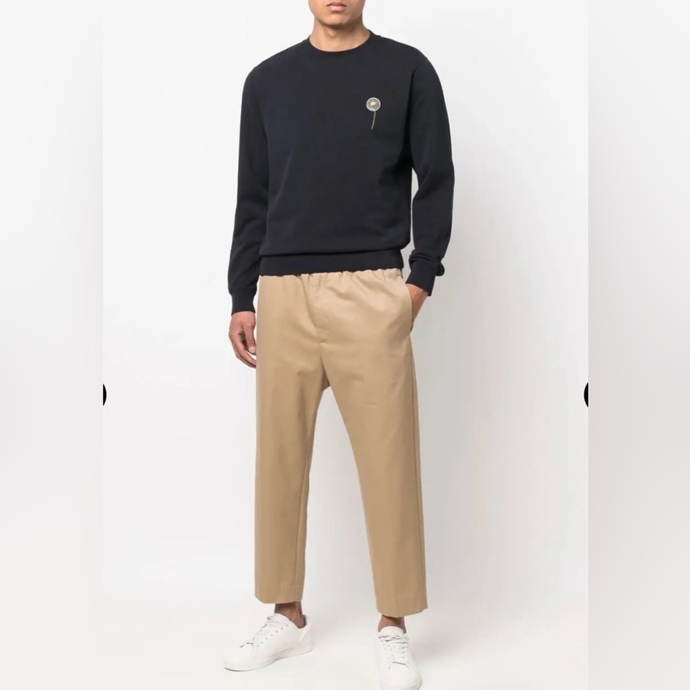 Sandro Dark Blue Crewneck Sweater with Floral Embroidery
